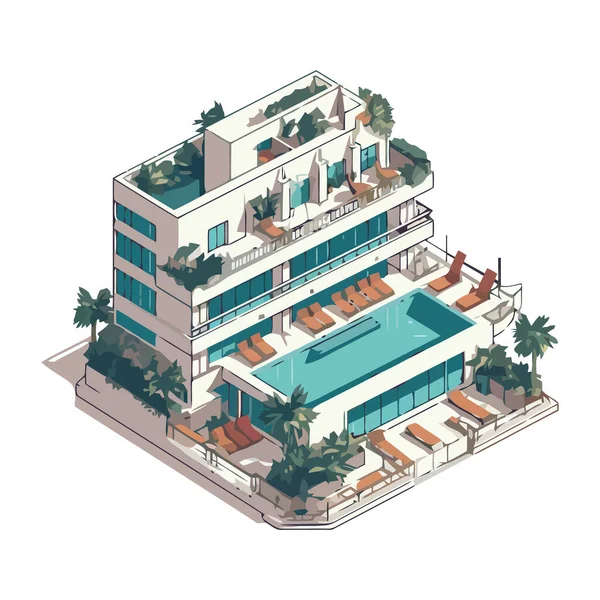 与游泳池和棕榈树图标隔离的现代度假村 — 图库矢量图片