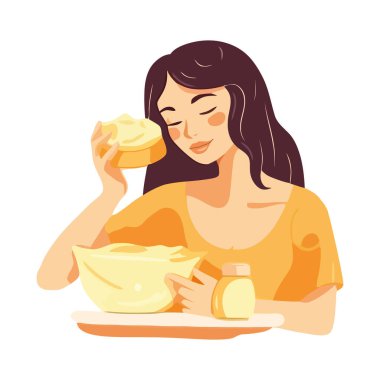 Gülümseyen kadın, izole edilmiş mutfak ikonunda sağlıklı tatlının tadını çıkarıyor.