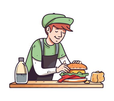 Çocuk gülümsüyor, gurme çizburger pişiriyor. Yemek ikonu izole edilmiş.