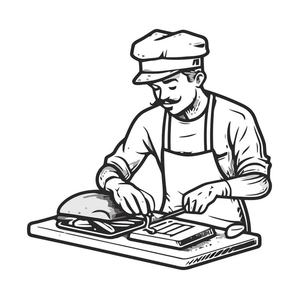 Leende Kock Som Håller Mat Bordet Ikon Isolerad — Stock vektor