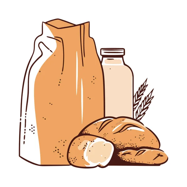 Świeży Organiczny Chleb Jadalny Mleko Ikona Pszenicy Izolowane — Wektor stockowy