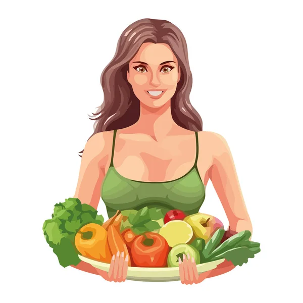 Smiling Women Holding Fresh Vegetables Basket Icon Isolated — Stock Vector