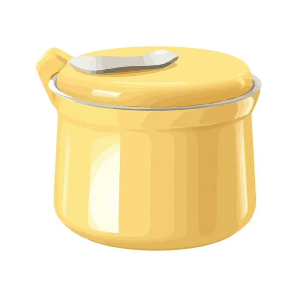 수프와 뚜껑이 노란색 크로커 그릇을 — 스톡 벡터