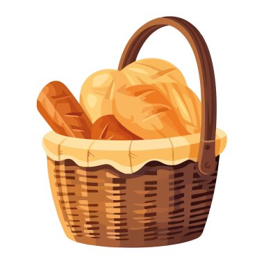 Hasır sepet ikonunda taze organik ekmek izole edildi