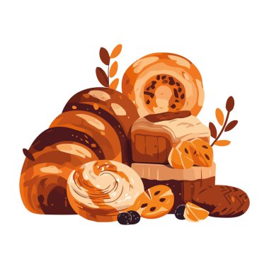 Taze pişmiş ekmek ve kruvasan, izole edilmiş bir gurme yemek ikonu.