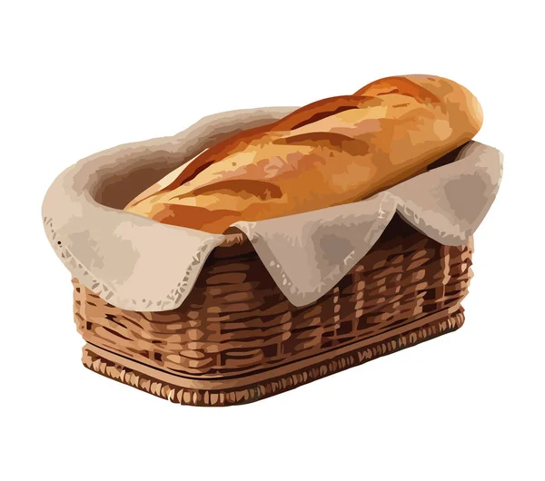Frisch Gebackenes Brot Weidenkorb Picknick Ikone Isoliert — Stockvektor
