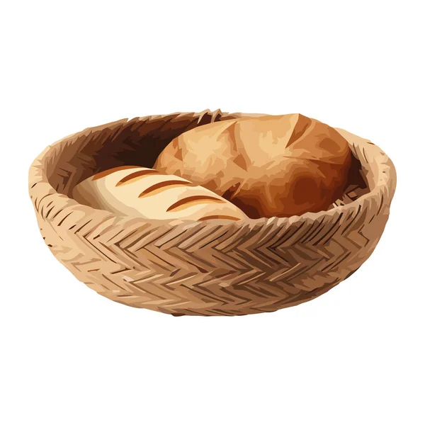 Čerstvě Upečený Chléb Rustikálním Dřevěném Koši Ikona Izolované — Stockový vektor