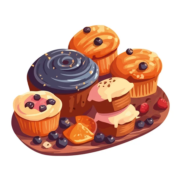 Süße Cupcakes Mit Blaubeere Dekoration Illustration Symbol Isoliert — Stockvektor