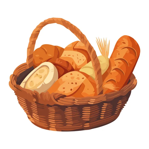 Świeży Chleb Organiczny Wiklinowym Koszu Wektor Ikona Izolowane — Wektor stockowy