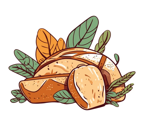新鮮なパンと葉のアイコンの手描きイラスト孤立 — ストックベクタ