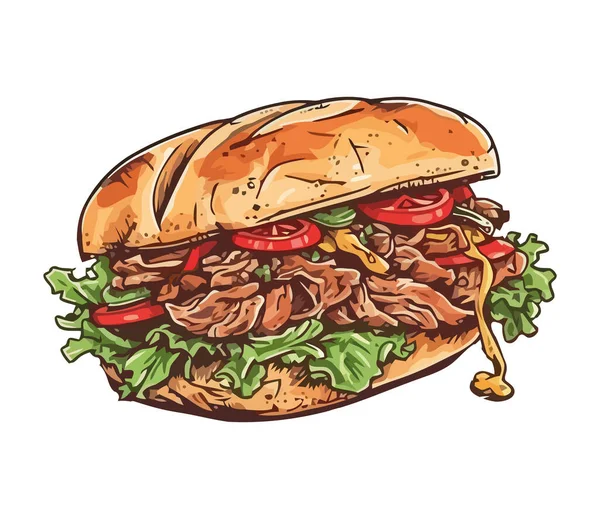 Hamburger Manzo Grigliato Mano Con Icona Condimenti Freschi Isolato — Vettoriale Stock
