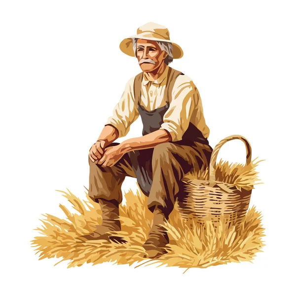 Старий Фермер Посміхається Збирає Стиглу Пшеницю Відкритому Повітрі Значок Ізольовано — стоковий вектор