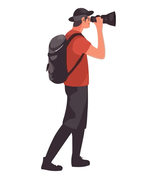 Man Holding Backpack Telescope Isolated — Stock Vector