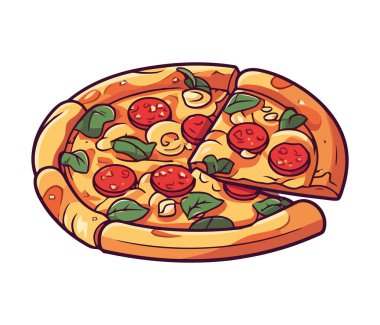 Mozarella ve salam ikonlu taze pişmiş pizza.