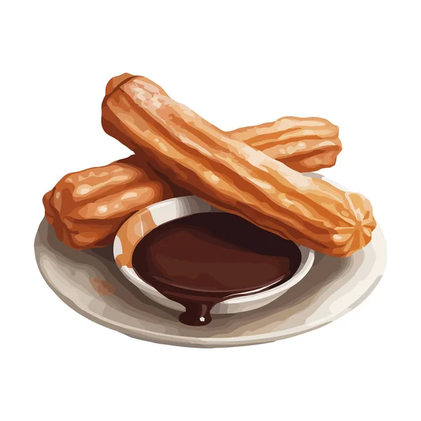 Zoete Churros Met Chocolade Saus Icoon Geïsoleerd — Stockvector