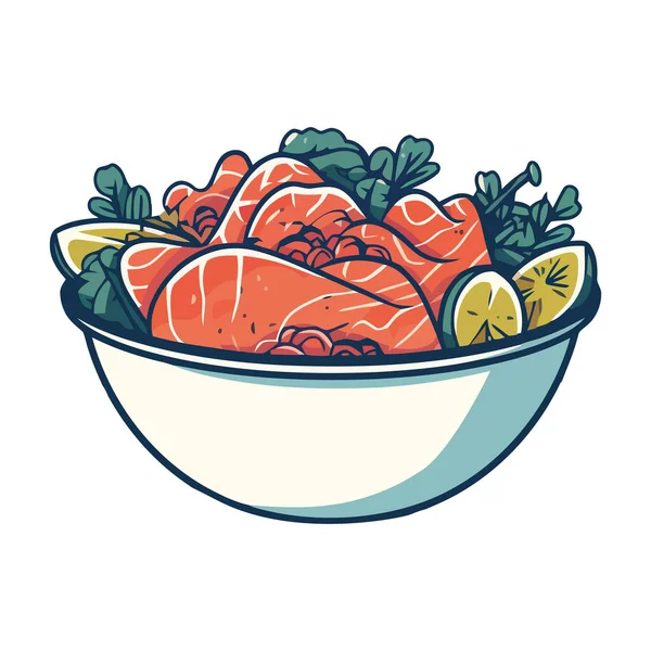 Olgun Sebzeli Taze Balık Salatası Kasesi Izole Edilmiş — Stok Vektör