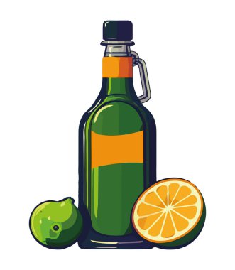 Taze organik meyve ve şişe ikonu izole edildi