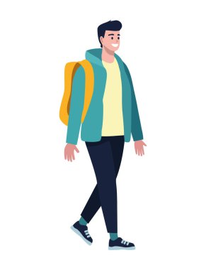 Sırt çantaları ve hareket simgesiyle yürüyen gülümseyen adam izole edildi