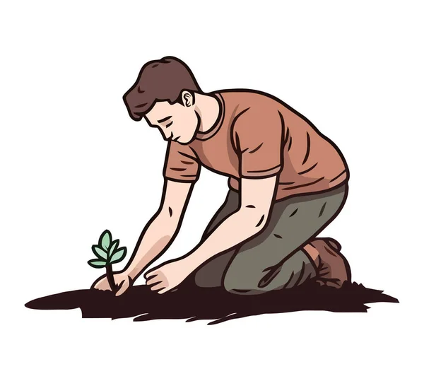 Adult Kneeling Working Planting Holding Leaf Icon Isolated — Stock Vector