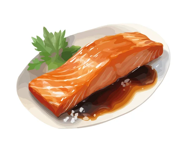 Fillet Seafood Segar Pada Ikon Piring Makan Siang Gourmet Terisolasi - Stok Vektor