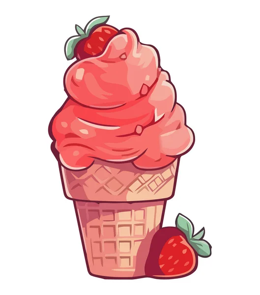 Sweet Dessert Strawberry Ice Cream Cone Fresh Berry Toppings Icon — Stock Vector
