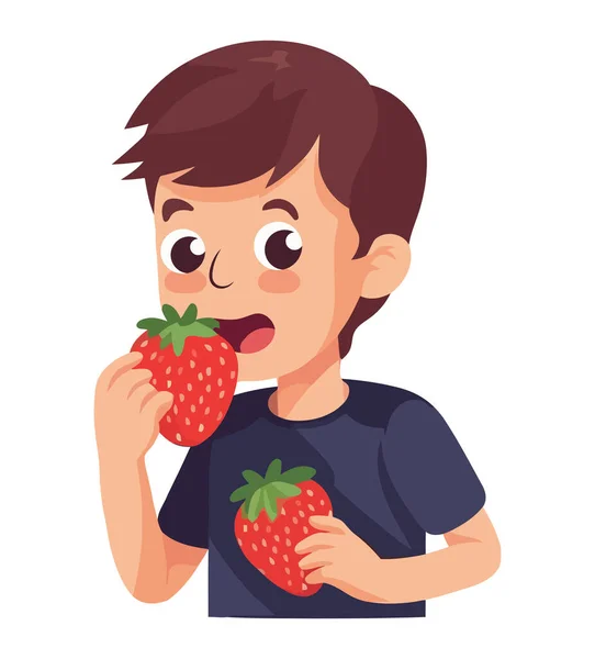 Ein Süßes Kind Isst Eine Frische Erdbeere Ein Sommerliches Vergnügen — Stockvektor