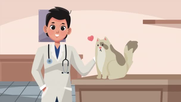 Hane Veterinär Med Katt Maskot Animation Video Animerad — Stockvideo