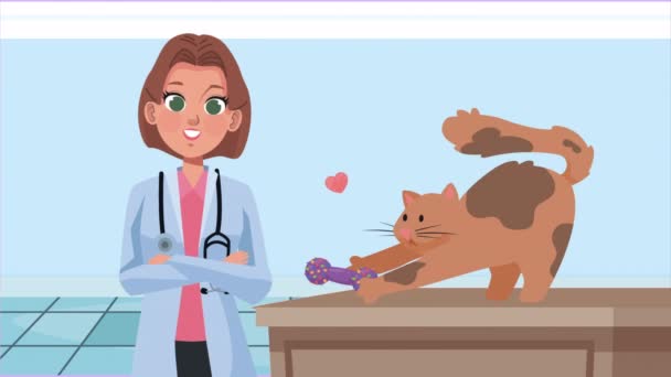 带有猫吉祥物的雌性兽医动画4K视频动画 — 图库视频影像