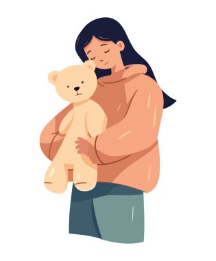 Oyuncak ayı ikonu ile izole edilmiş şirin bir çizgi film kızının vektör çizimi