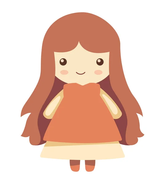 ドレスにかわいい漫画の人形 長い茶色の髪のアイコンで笑顔孤立 — ストックベクタ
