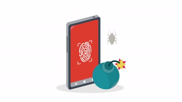 Tecnología Seguridad Cibernética Teléfono Inteligente Con Animación Bombas Video Animado — Vídeos de Stock