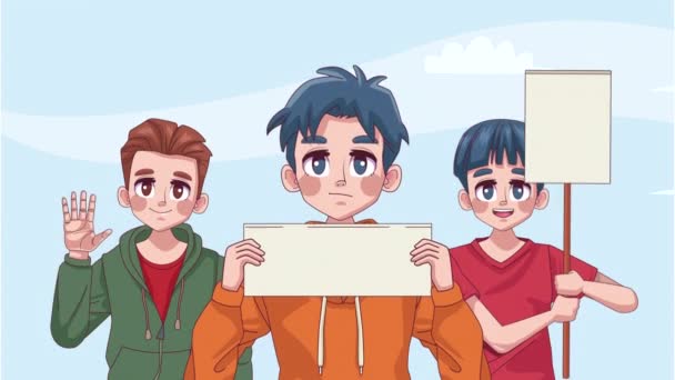Young Teenagers Boys Protesting Anime Characters Animation Video Animated — Stock Video