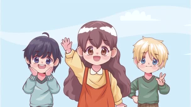 Három Tizenéves Barátok Anime Karakterek Animáció Videó Animált — Stock videók