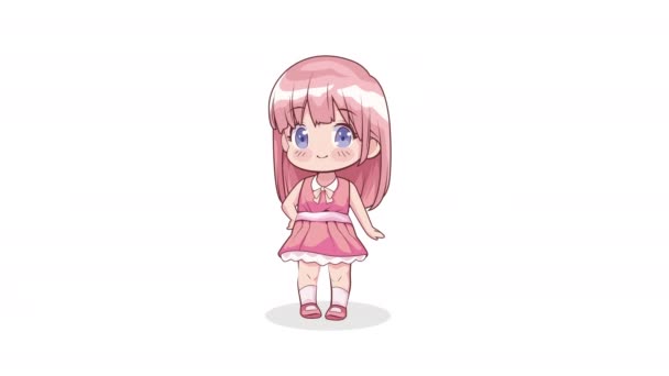 Klein Meisje Met Roze Anime Karakter Animatie Video Geanimeerd — Stockvideo