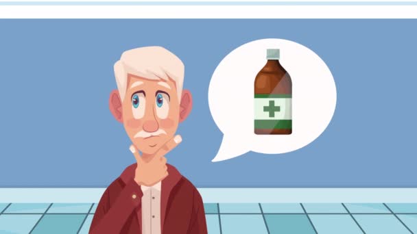 Homem Velho Com Garrafa Remédio Personagem Animação Vídeo Animado — Vídeo de Stock