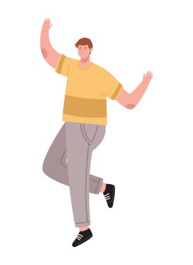 Genç adam zıplıyor ve mutlu ikon izole edildi