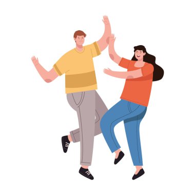 Erkek ve kadın zıplıyor ve gülümsüyor, ikon izole edilmiş