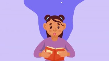 Kitap karakteri animasyonu okuyan genç kadın 4k video animasyonu