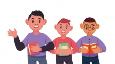 Kitap karakterleri okuyan genç çocuklar animasyon 4k video animasyonu