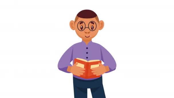 Молодой Человек Читающий Книгу Анимации Персонажей Видео Анимация — стоковое видео