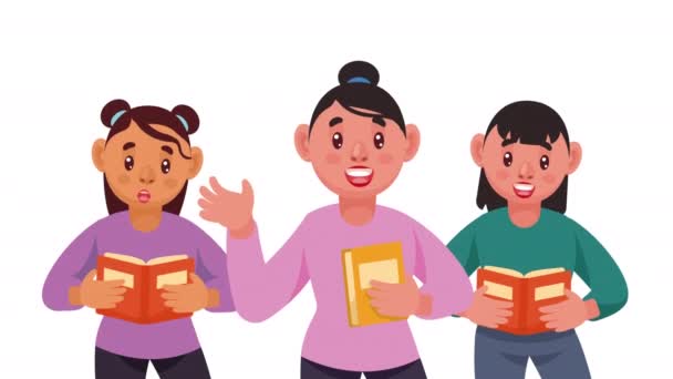 Молоді Дівчата Читають Книжкові Персонажі Анімація Відео Анімовані — стокове відео
