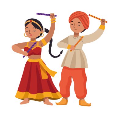 Kostüm giymiş Navratri dansçıları izole edilmiş ikon