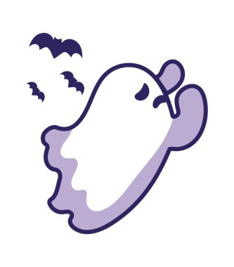 Cadılar Bayramı Kawaii hayaleti ve yarasa çizimi izole edildi.