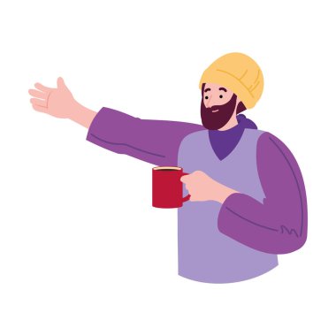 Adam tekrar kullanılabilir kahve fincanı karikatürü içiyor.