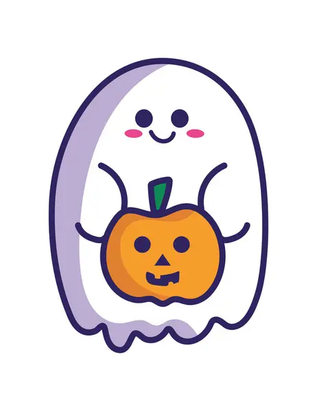 Halloween Kawaii Fantasma Com Abóbora Ilustração Isolado — Vetor de Stock