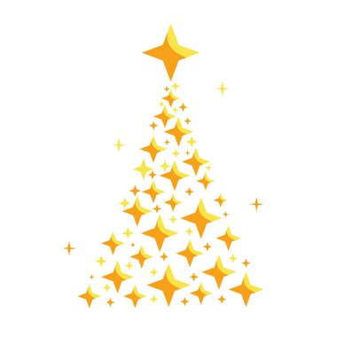 Yıldızlı altın Noel ağacı, izole edilmiş çizimler.