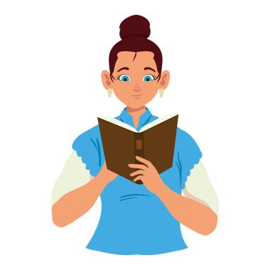 Elinde kitap tutan ve resim okuyan bir kadın izole edilmiş.