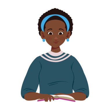 Ders kitabı illüstrasyonu okuyan kadın izole edildi