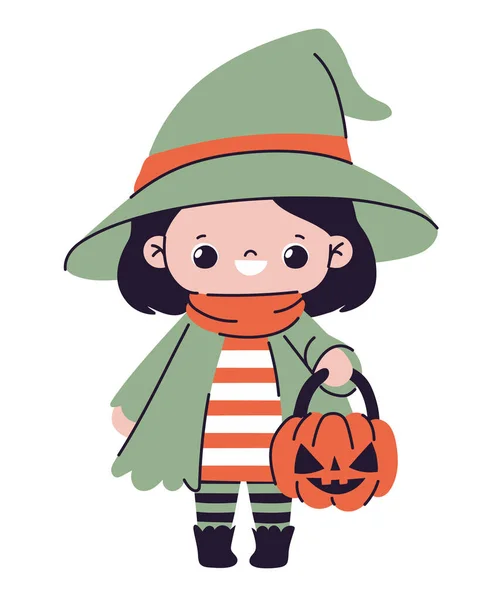 Halloween Mädchen Als Grüne Hexe Verkleidet — Stockvektor