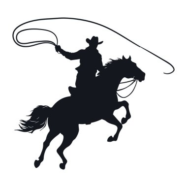 Kovboy silueti at ve ip çiziminde izole edilmiş.